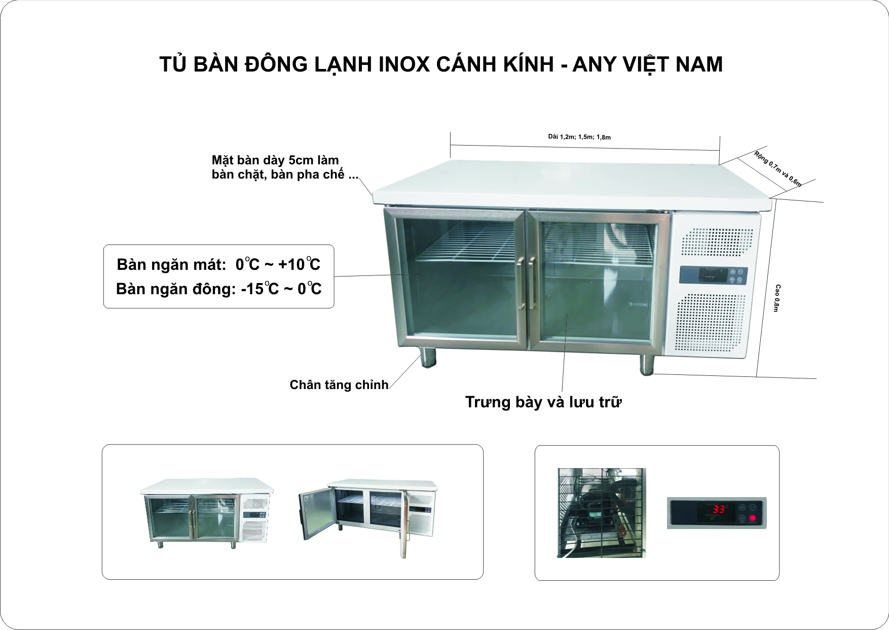 Bàn mát inox cửa kính nằm ngang 1.2m